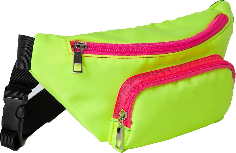 FOLGOS Three Pockets Neon Retro 80s Fanny Pack for Women Men Travel Festival Theme Party Vintage Rave Accessories Plus Size Belt Bag Neon Green - Image 3